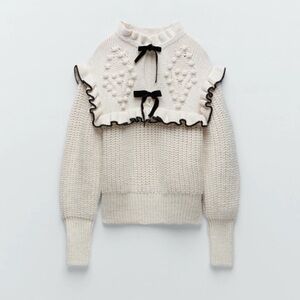 Zara Chunky Knit Bow Tie Ruffle Detail Bobble Sweater Medium Blogger Favorite